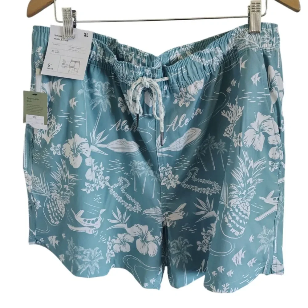 Goodfellow & Co Men's Tropical Swim Trunks Blue Hawaiian Print Drawstring Short